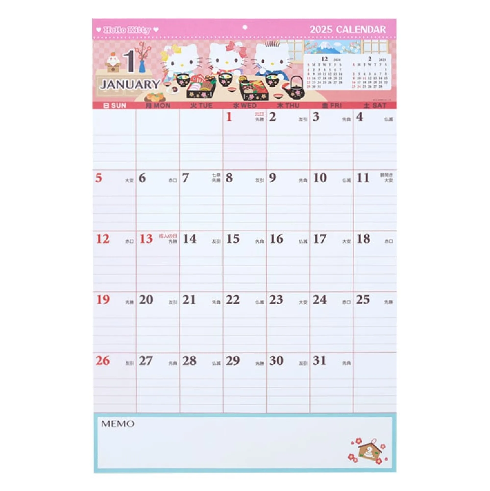 Japan Original Hello Kitty 2025 Wall Hanging Calendar & Memo Pad