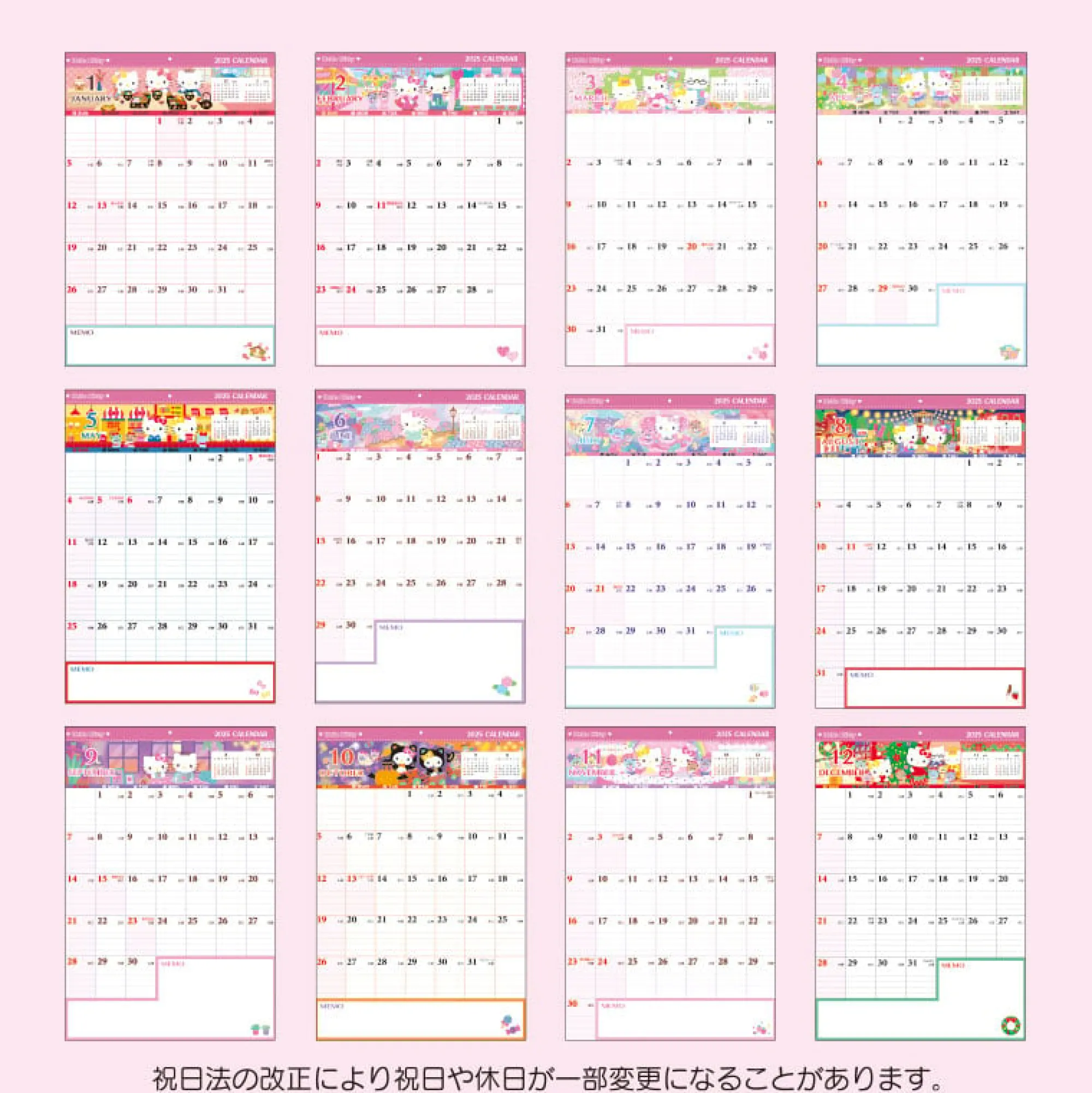 Japan Original Hello Kitty 2025 Wall Hanging Calendar & Memo Pad