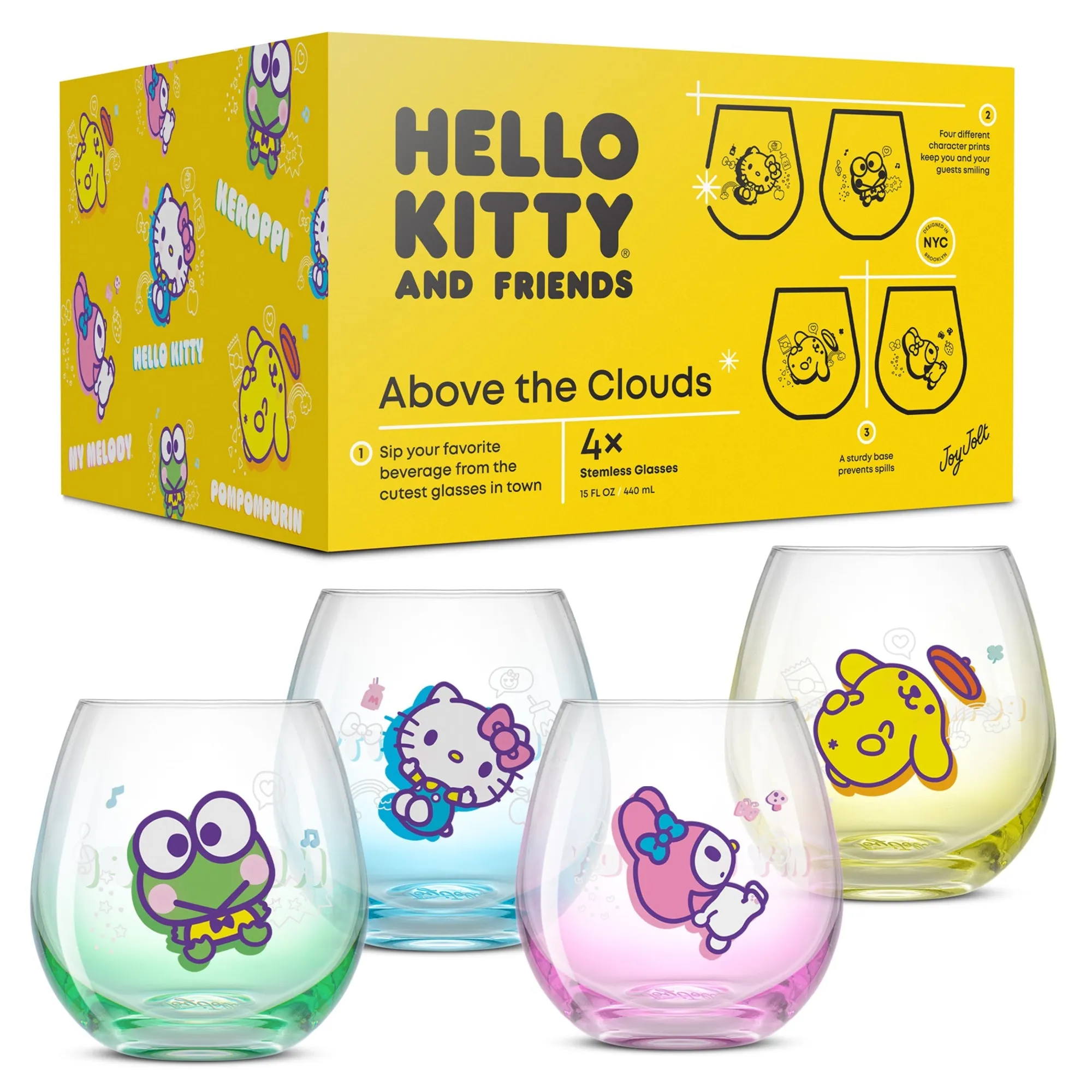 JoyJolt Hello Kitty and Friends Above the Clouds Stemless Glasses (Set of 4)