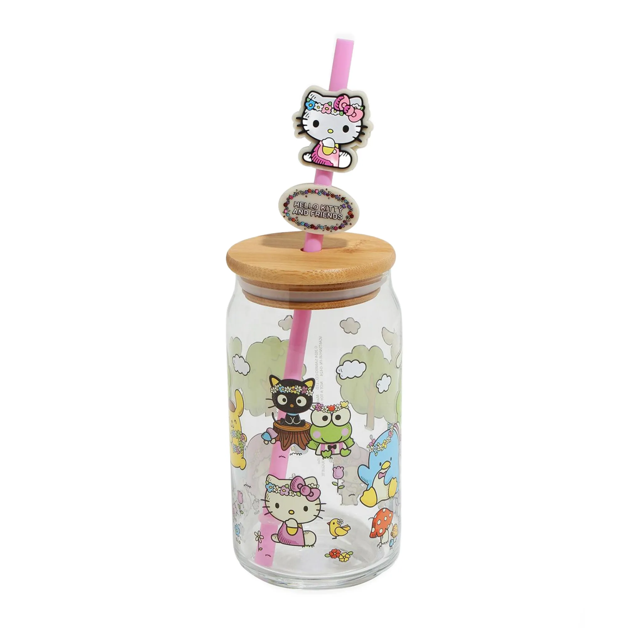 BIOWORLD Hello Kitty and Friends Flower Crowns Bamboo Lidded Glass Tumbler