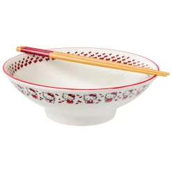 Silver Buffalo Hello Kitty Ceramic Noodle Bowl and Chopstick Set (Red Bows)