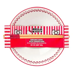 Silver Buffalo Hello Kitty Ceramic Noodle Bowl and Chopstick Set (Red Bows)