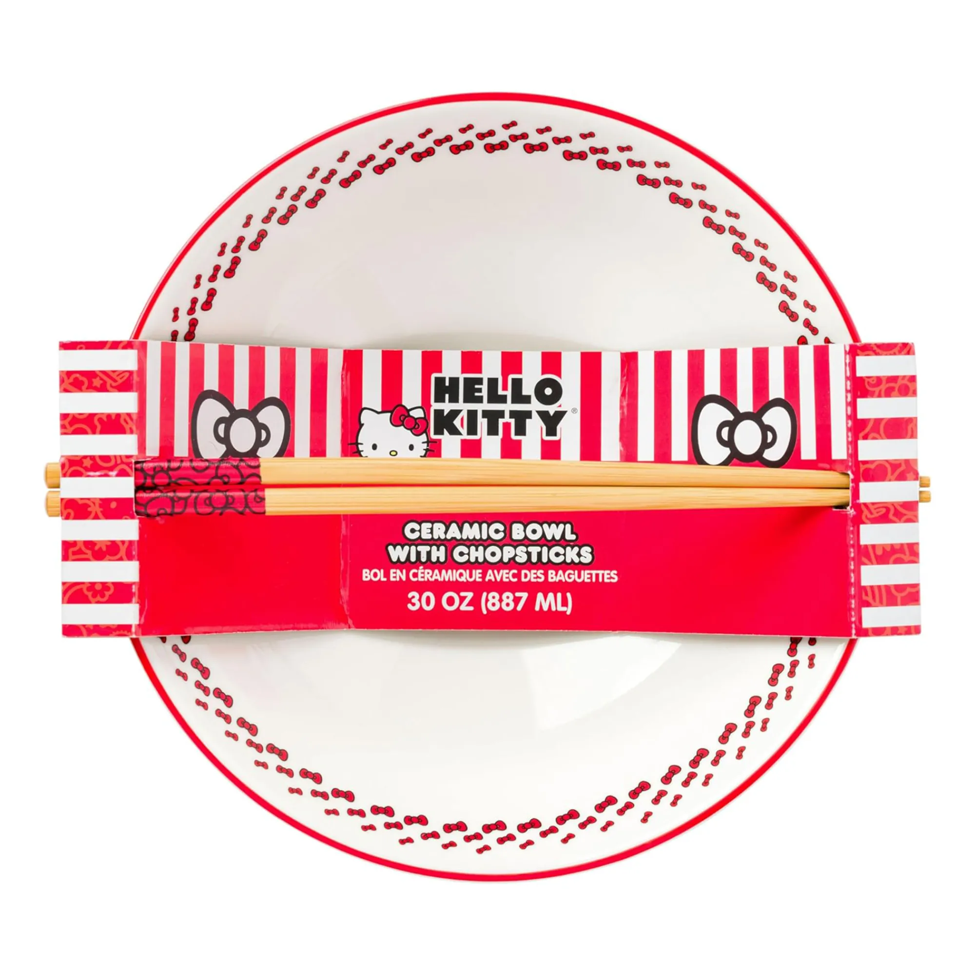 Silver Buffalo Hello Kitty Ceramic Noodle Bowl and Chopstick Set (Red Bows)