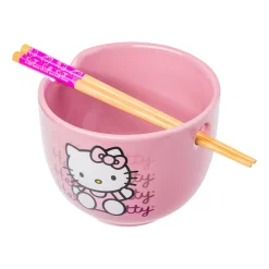 Silver Buffalo Hello Kitty Ceramic Ramen Bowl and Chopstick Set (Pink Wave)
