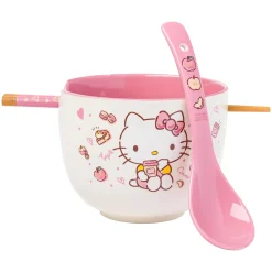 Silver Buffalo LLC Hello Kitty Ceramic Ramen Bowl and Chopsticks/Spoon Set (Apples and Cinnamon)