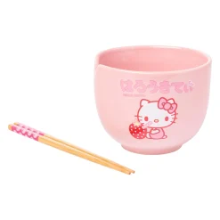 Silver Buffalo LLC Hello Kitty Ceramic Ramen Bowl and Chopstick Set (Strawberry Milk)