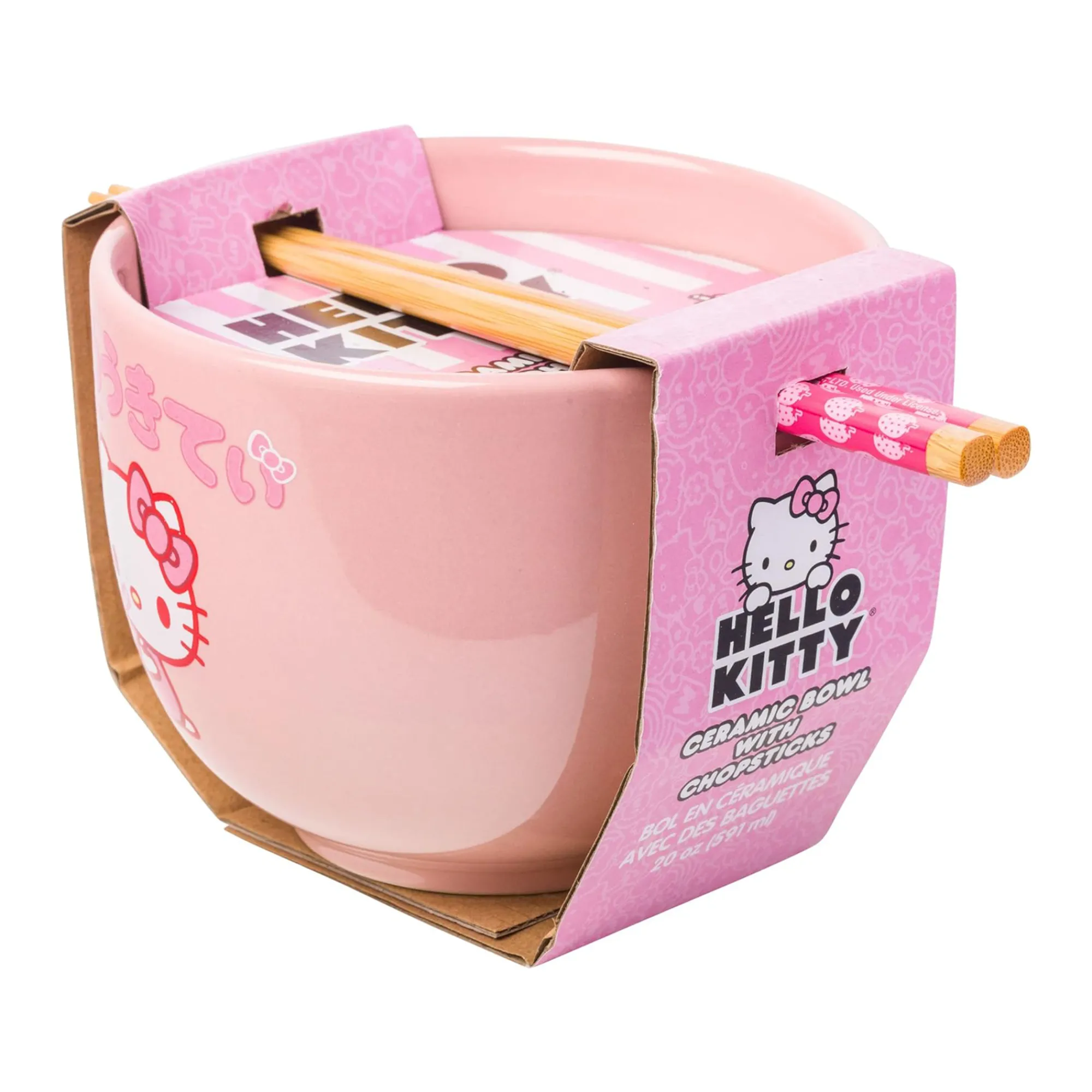 Silver Buffalo LLC Hello Kitty Ceramic Ramen Bowl and Chopstick Set (Strawberry Milk)