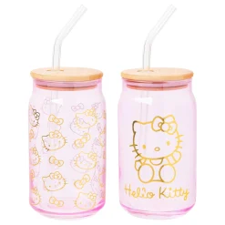 Silver Buffalo LLC Hello Kitty Pink Glass Jar Tumblers with Bamboo Lid (Set of 2)