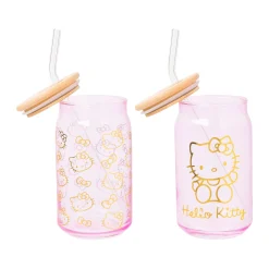 Silver Buffalo LLC Hello Kitty Pink Glass Jar Tumblers with Bamboo Lid (Set of 2)