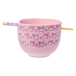 Silver Buffalo My Melody & Kuromi Ceramic Ramen Bowl and Chopstick Set (Pastel Flowers)