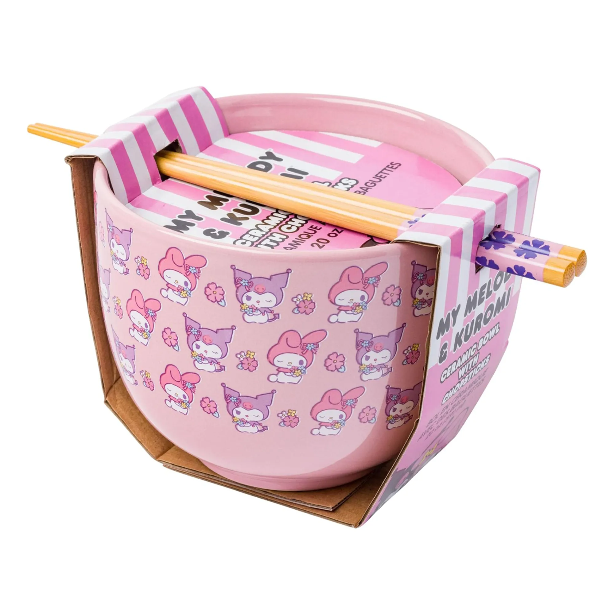 Silver Buffalo My Melody & Kuromi Ceramic Ramen Bowl and Chopstick Set (Pastel Flowers)